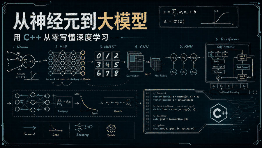 《从神经元到大模型》路线图:从神经元、MLP、MNIST、CNN、RNN 到 Transformer 与 C++ 实现